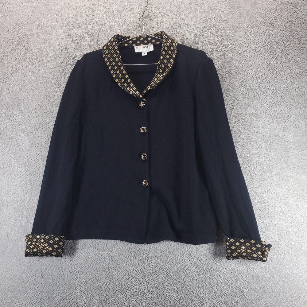 St John Evening Blazer Womens 16 Black Knit Shawl Collar Gold Argyle Trim USA